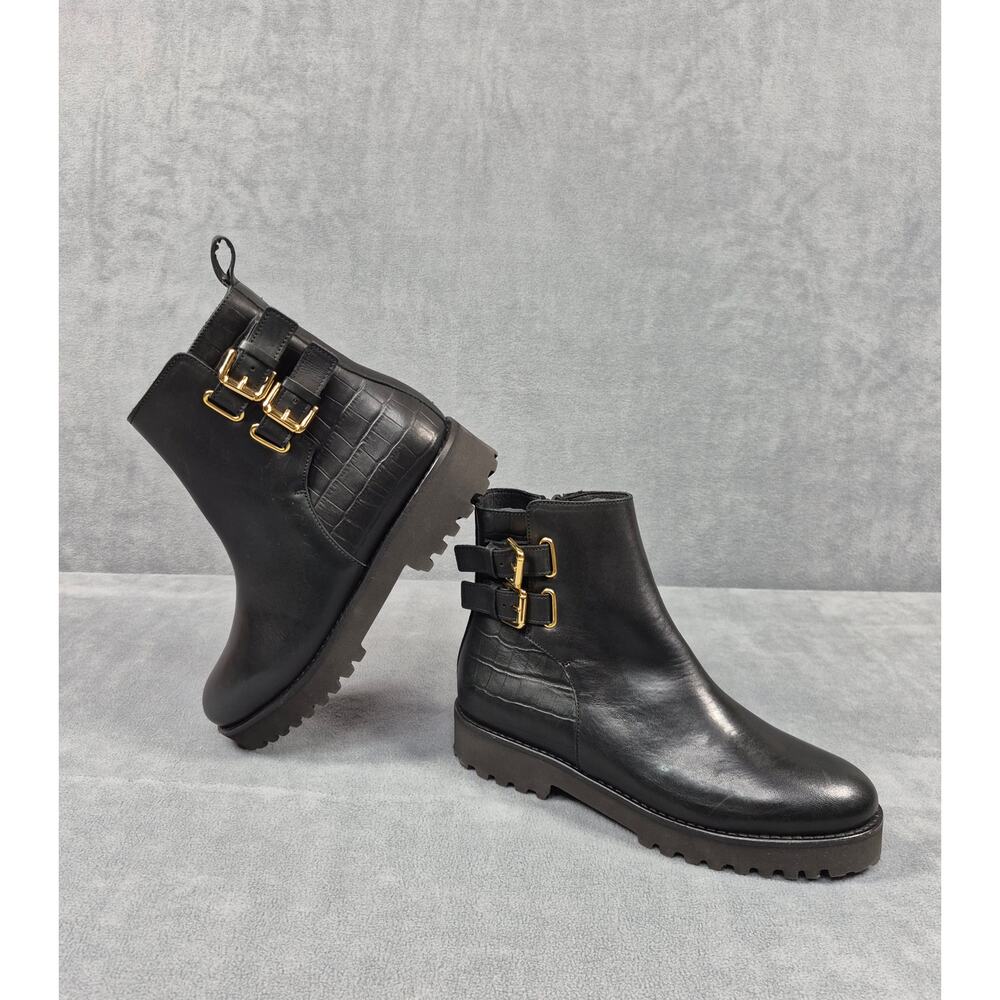 Andre Assous Black Leather Ankle Boots Buckle Zip Women’s Size 6.5